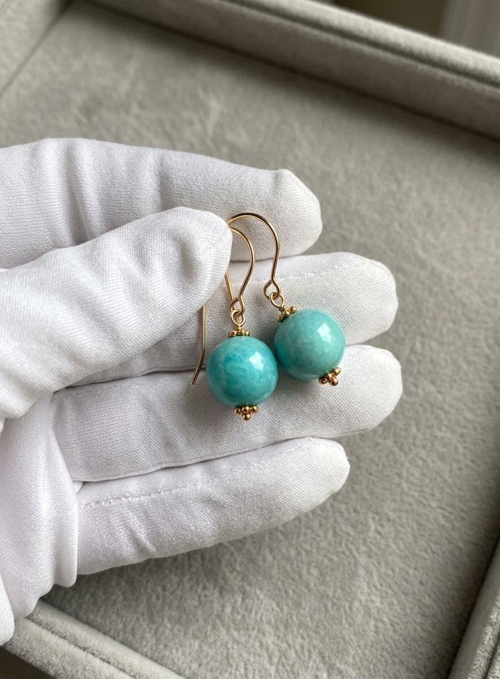 Amazonite Blue Green Smooth Earrings – Sterling Silver or 14k Gold