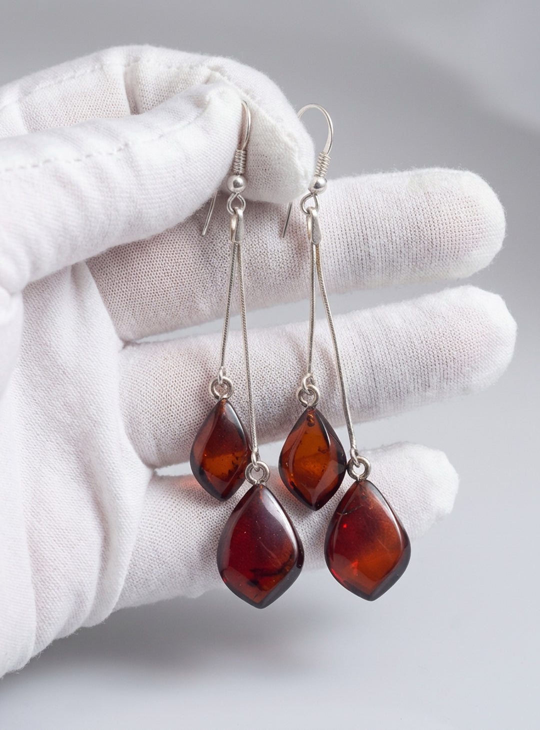Baltic Amber Earrings Dark Honey Smooth Double Teardrop 2.7" – Sterling Silver