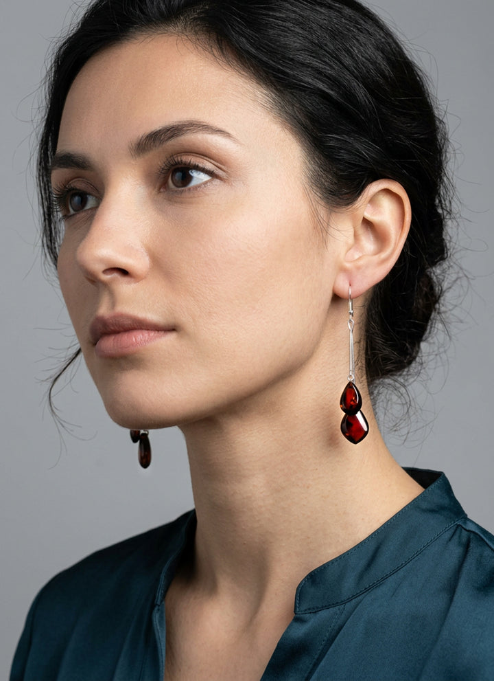 Baltic Amber Earrings Dark Honey Smooth Double Teardrop 2.7" – Sterling Silver