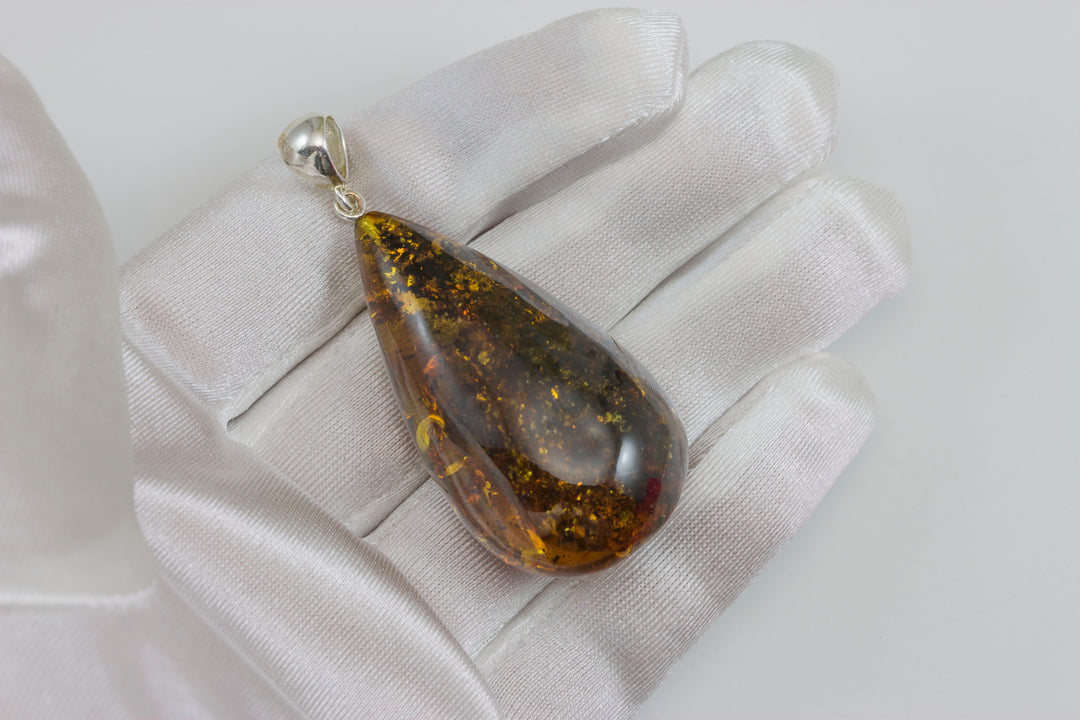 Honey Amber Baltic Large Long Pendant – Sterling Silver