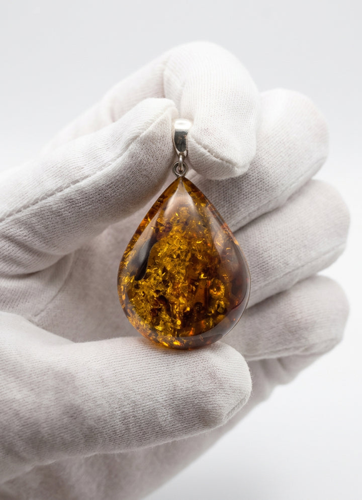 Honey Amber Baltic Large Puffed Pendant – Sterling Silver