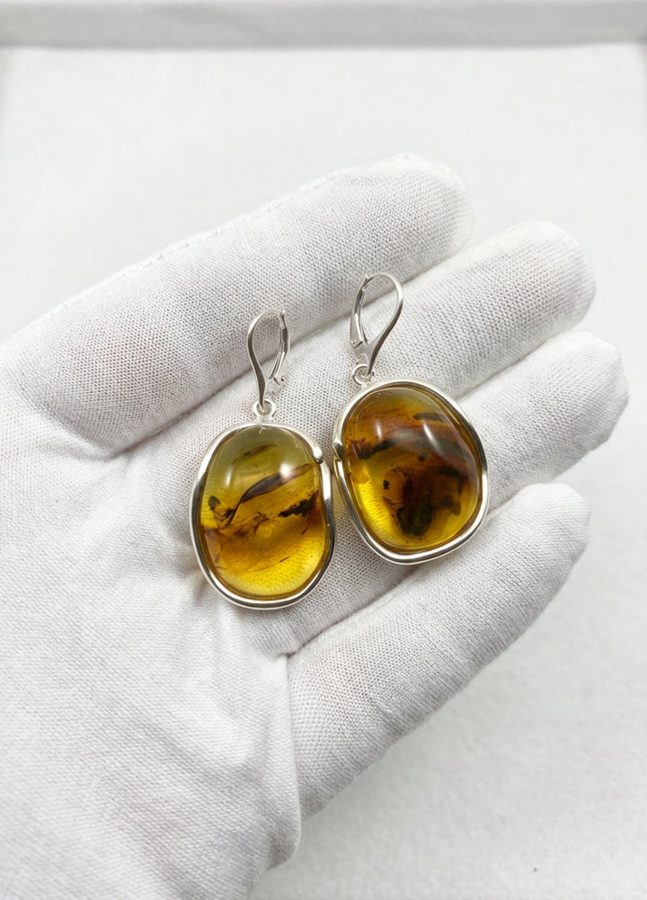 Amber Earrings Large Bezeled Oval 20x28mm 2" – Sterling Silver