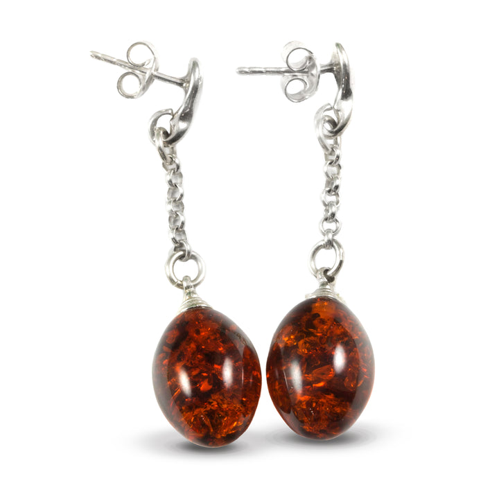 Amber Earrings Deep Honey Smooth Teardrop Post and Chain 10x16mm – Sterling Silver