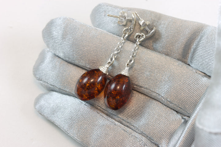 Amber Earrings Deep Honey Smooth Teardrop Post and Chain 10x16mm – Sterling Silver