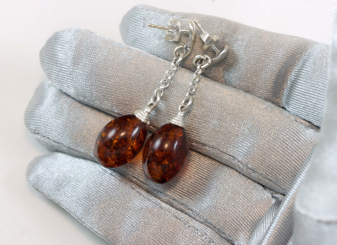 Amber Earrings Dark Honey Smooth Teardrop Post 11x15mm 1.8" – Sterling Silver