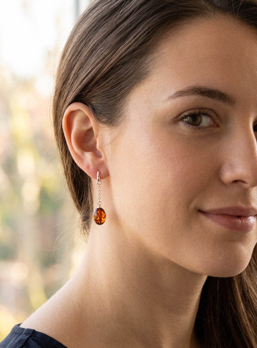 Amber Earrings Deep Honey Smooth Teardrop Post and Chain 10x16mm – Sterling Silver