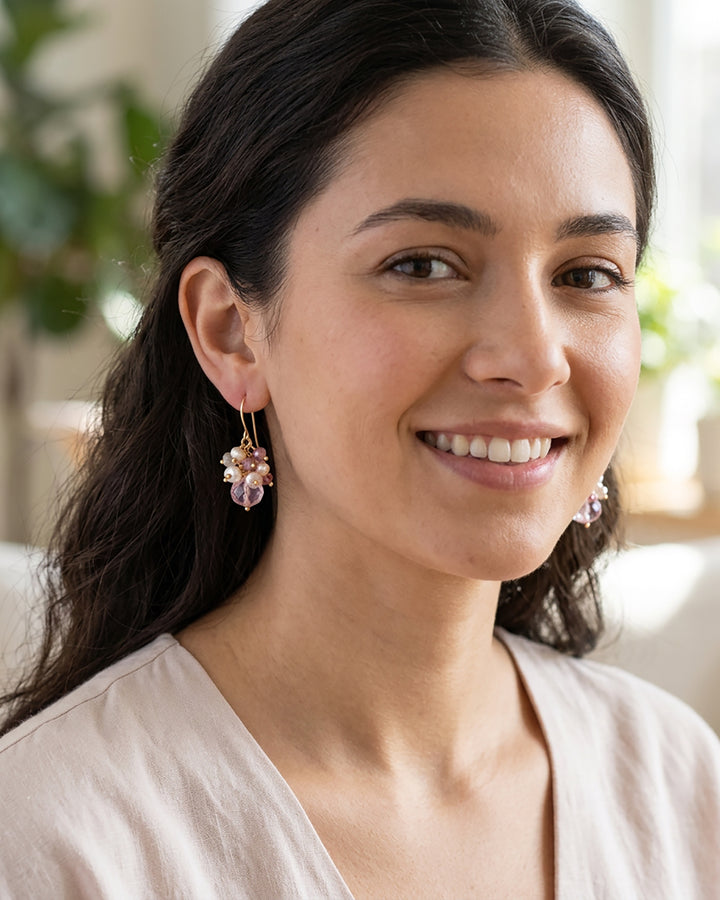 Pink Amethyst Teardrop Cluster Earrings – Sterling Silver or 14k Gold