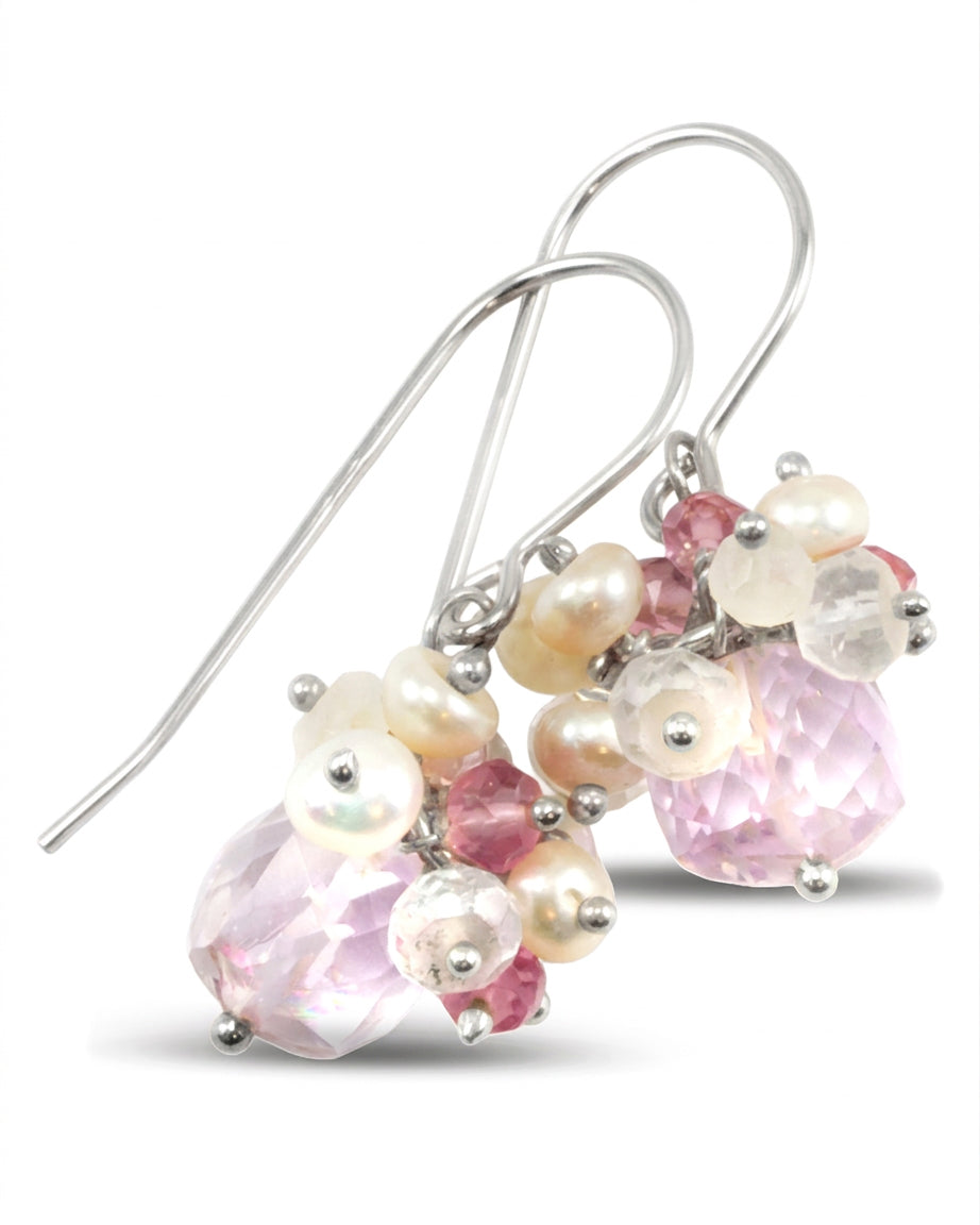 Pink Amethyst Teardrop Cluster Earrings – Sterling Silver or 14k Gold