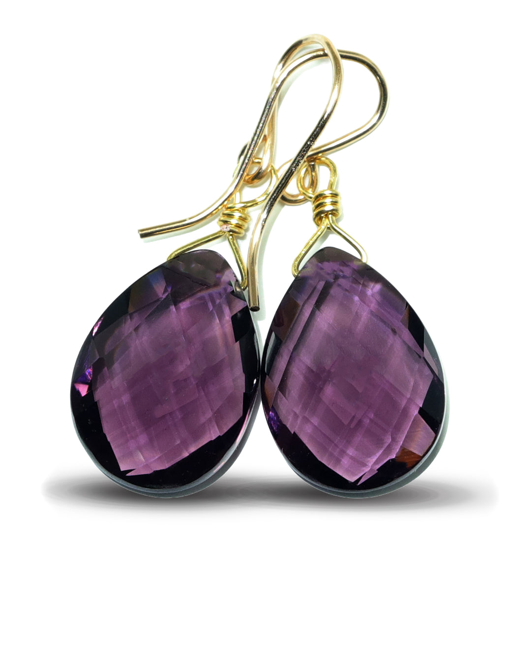 Simulated Amethyst Purple Faceted Earrings 1.2" Teardrops – Sterling Silver or 14k Gold