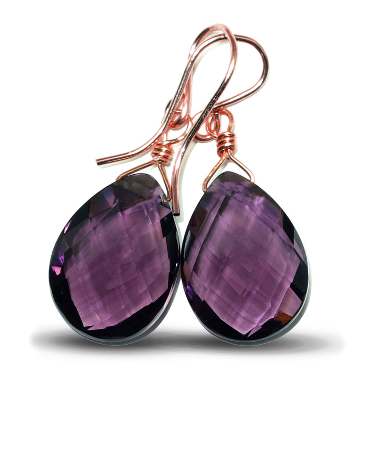 Simulated Amethyst Purple Faceted Earrings 1.2" Teardrops – Sterling Silver or 14k Gold