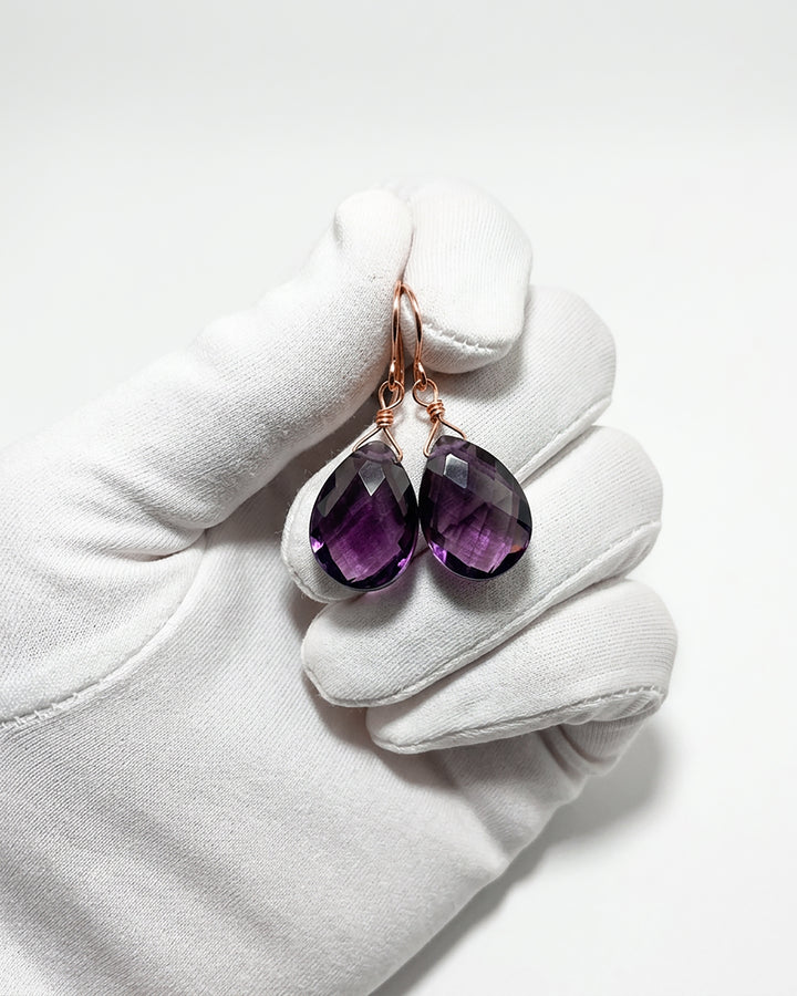 Simulated Amethyst Purple Faceted Earrings 1.2" Teardrops – Sterling Silver or 14k Gold