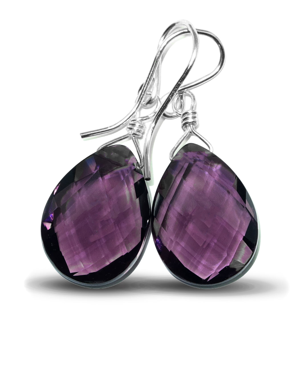 Simulated Amethyst Purple Faceted Earrings 1.2" Teardrops – Sterling Silver or 14k Gold