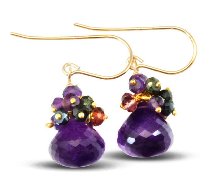 Purple Amethyst Cluster Gemstone Earrings – 14k Solid Gold or Gold Filled