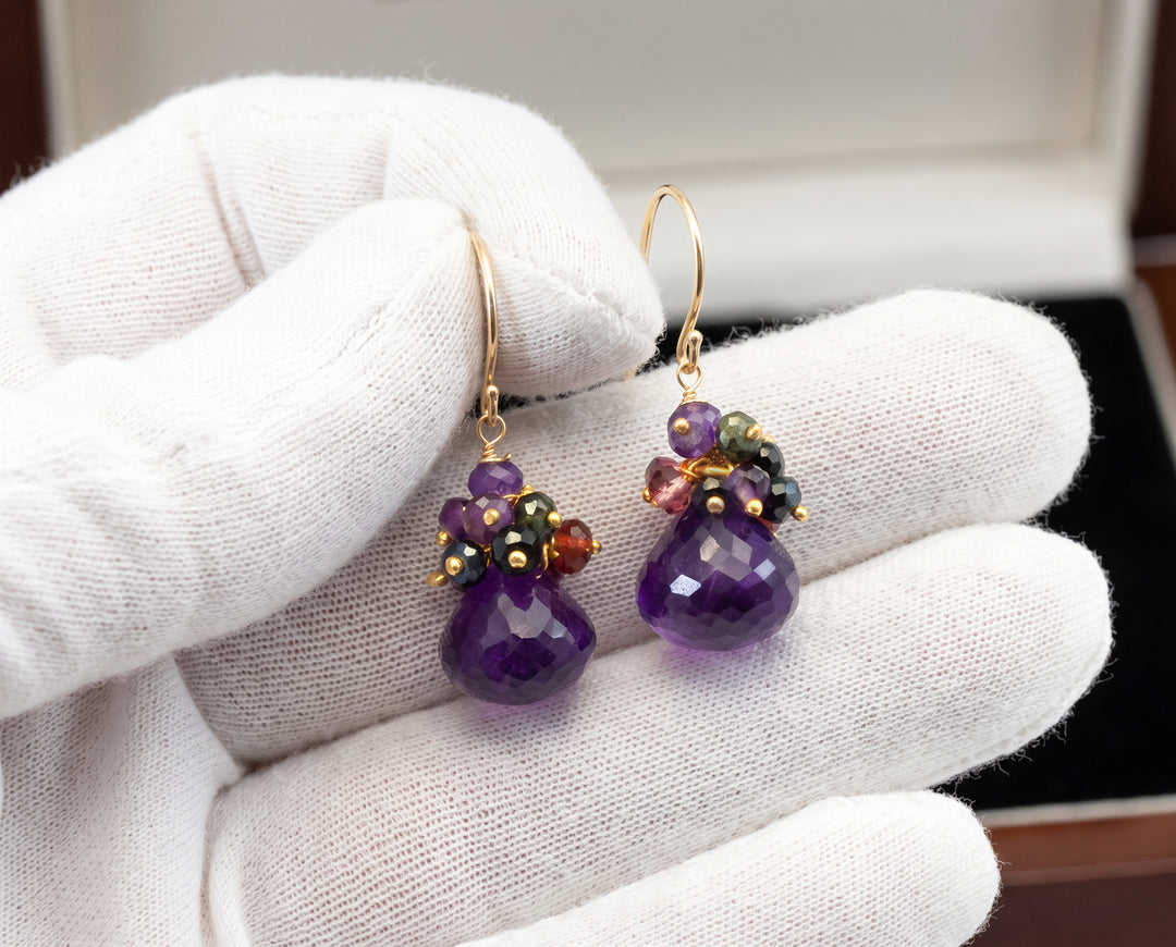 Purple Amethyst Cluster Gemstone Earrings – 14k Solid Gold or Gold Filled