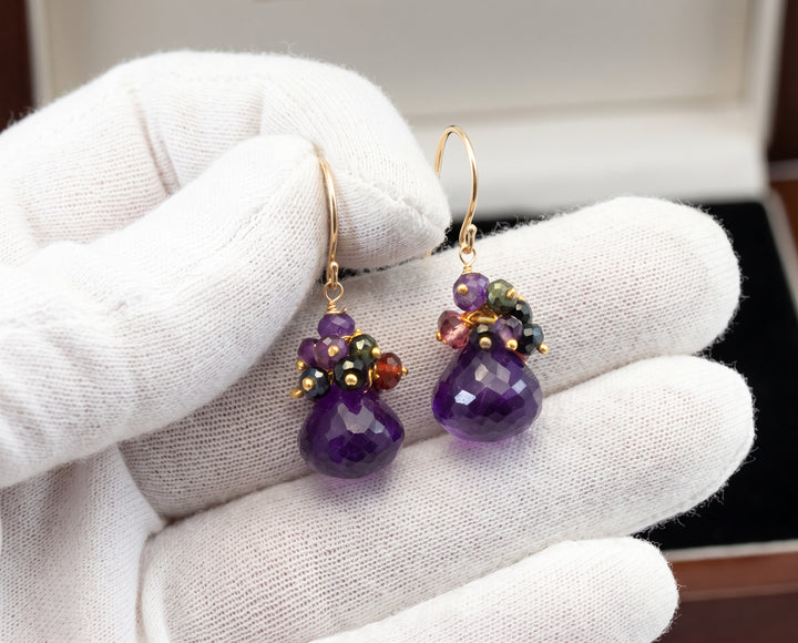 Purple Amethyst Cluster Gemstone Earrings – 14k Solid Gold or Gold Filled