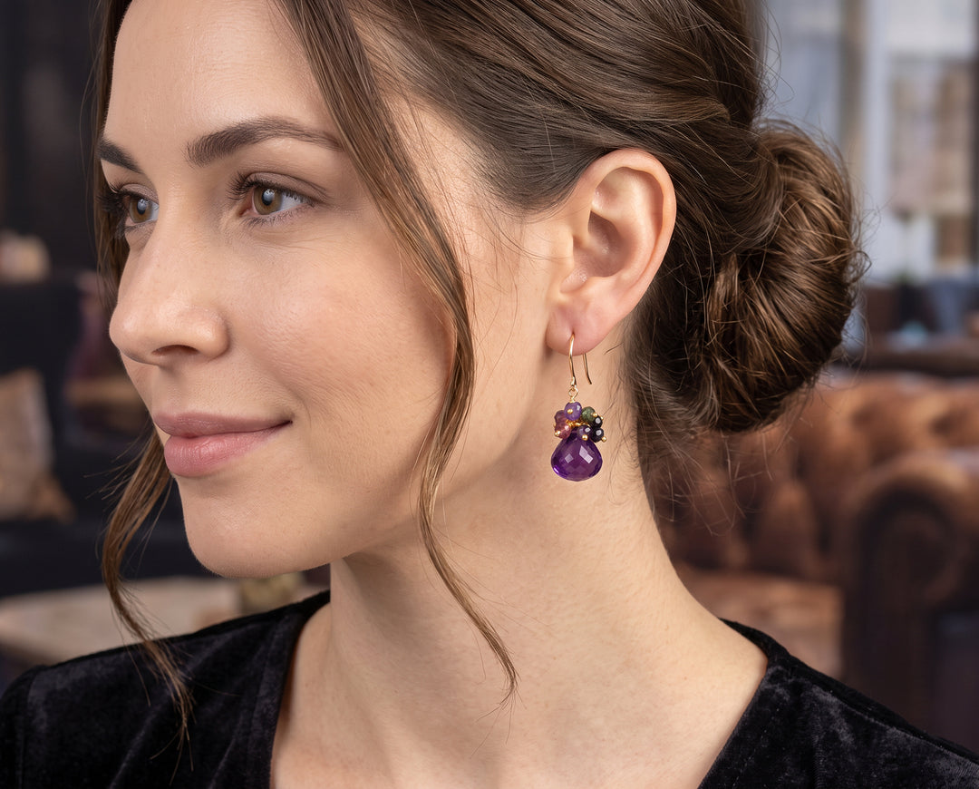 Purple Amethyst Cluster Gemstone Earrings – 14k Solid Gold or Gold Filled