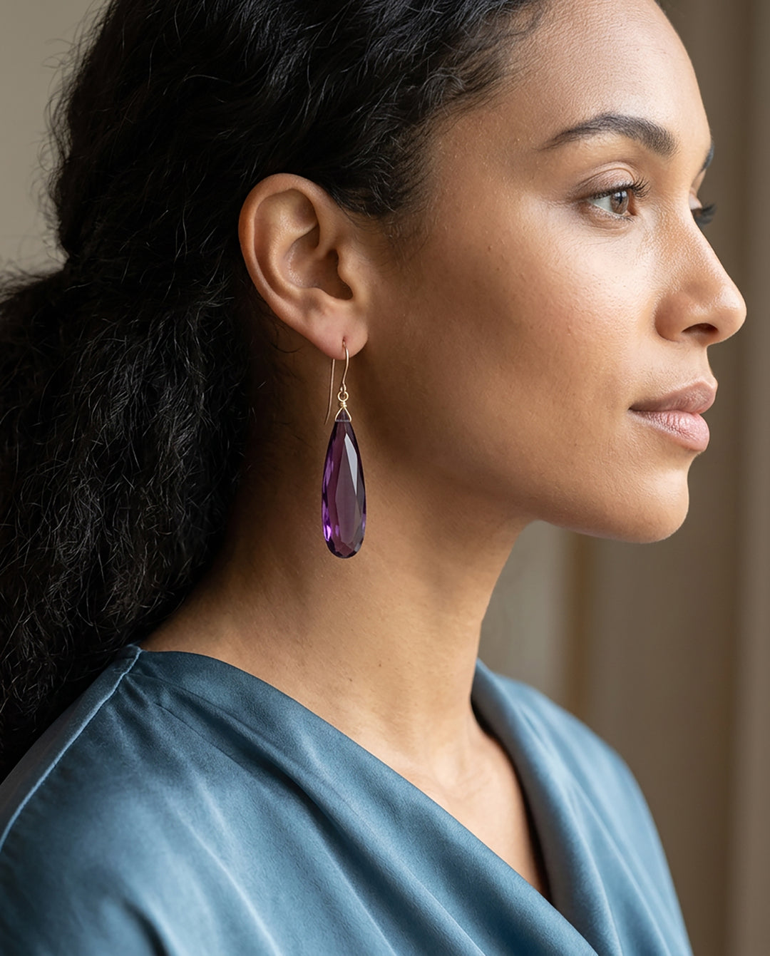 Purple Simulated Amethyst Facet Earrings 2" – Sterling Silver or 14k Gold
