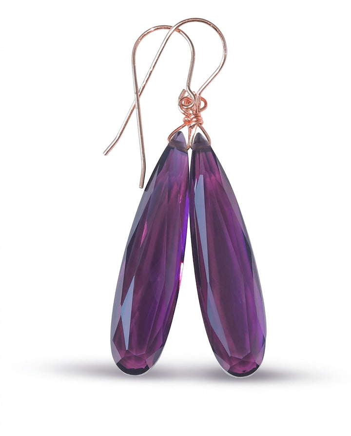 Purple Simulated Amethyst Facet Earrings 2" – Sterling Silver or 14k Gold