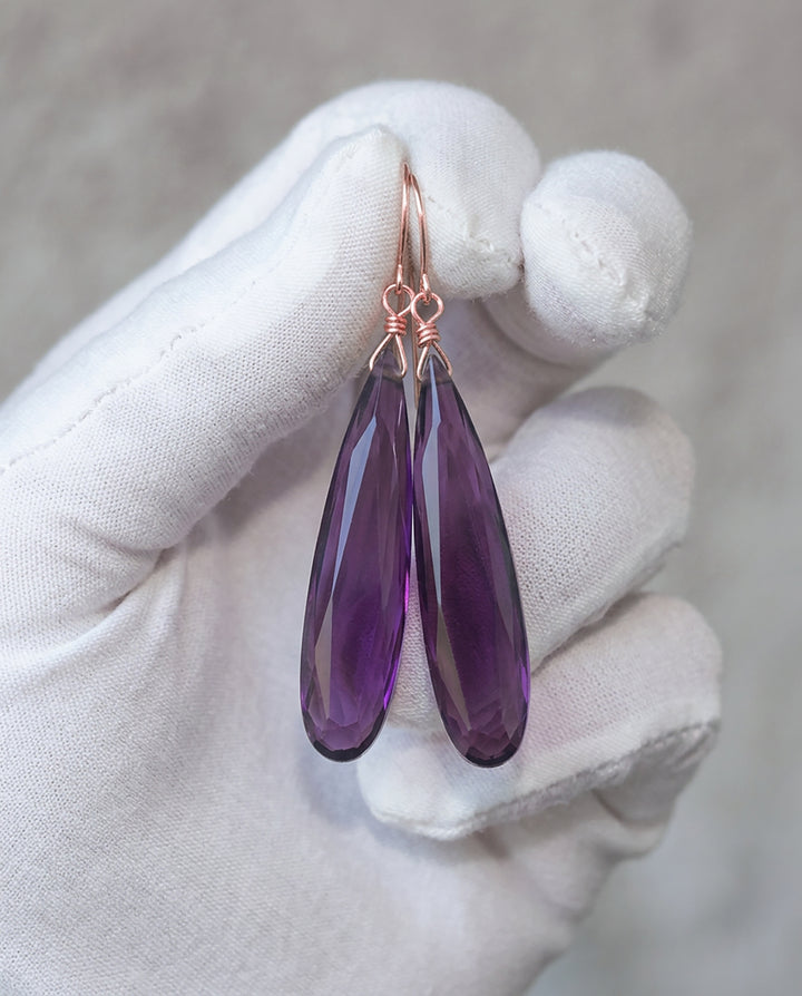 Purple Simulated Amethyst Facet Earrings 2" – Sterling Silver or 14k Gold