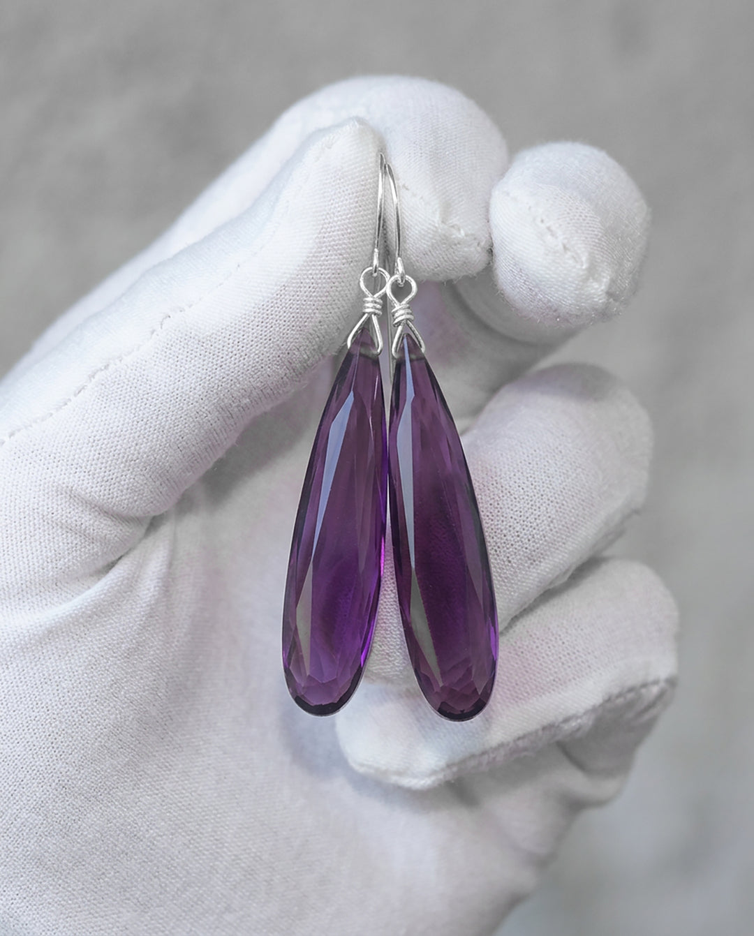 Purple Simulated Amethyst Facet Earrings 2" – Sterling Silver or 14k Gold
