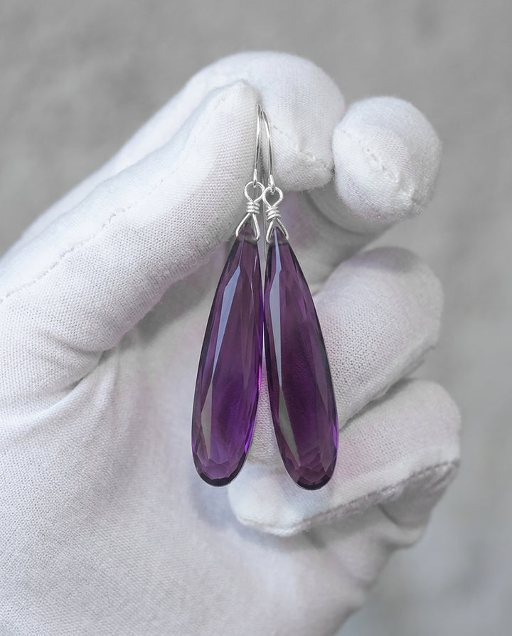 Purple Simulated Amethyst Facet Earrings 2" – Sterling Silver or 14k Gold