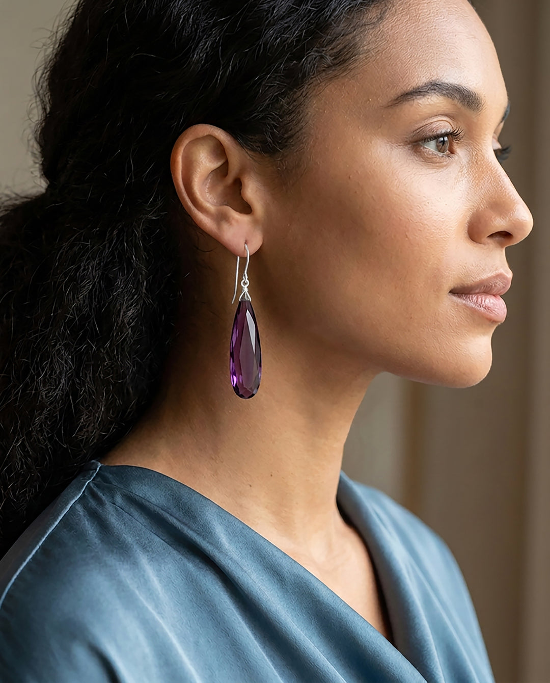 Purple Simulated Amethyst Facet Earrings 2" – Sterling Silver or 14k Gold