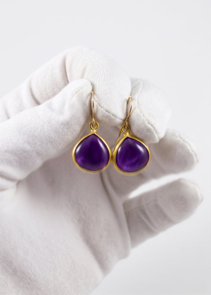 Simulated Amethyst Purple Bezeled Smooth Earrings 1.4" – 14k Solid Gold or Gold Filled