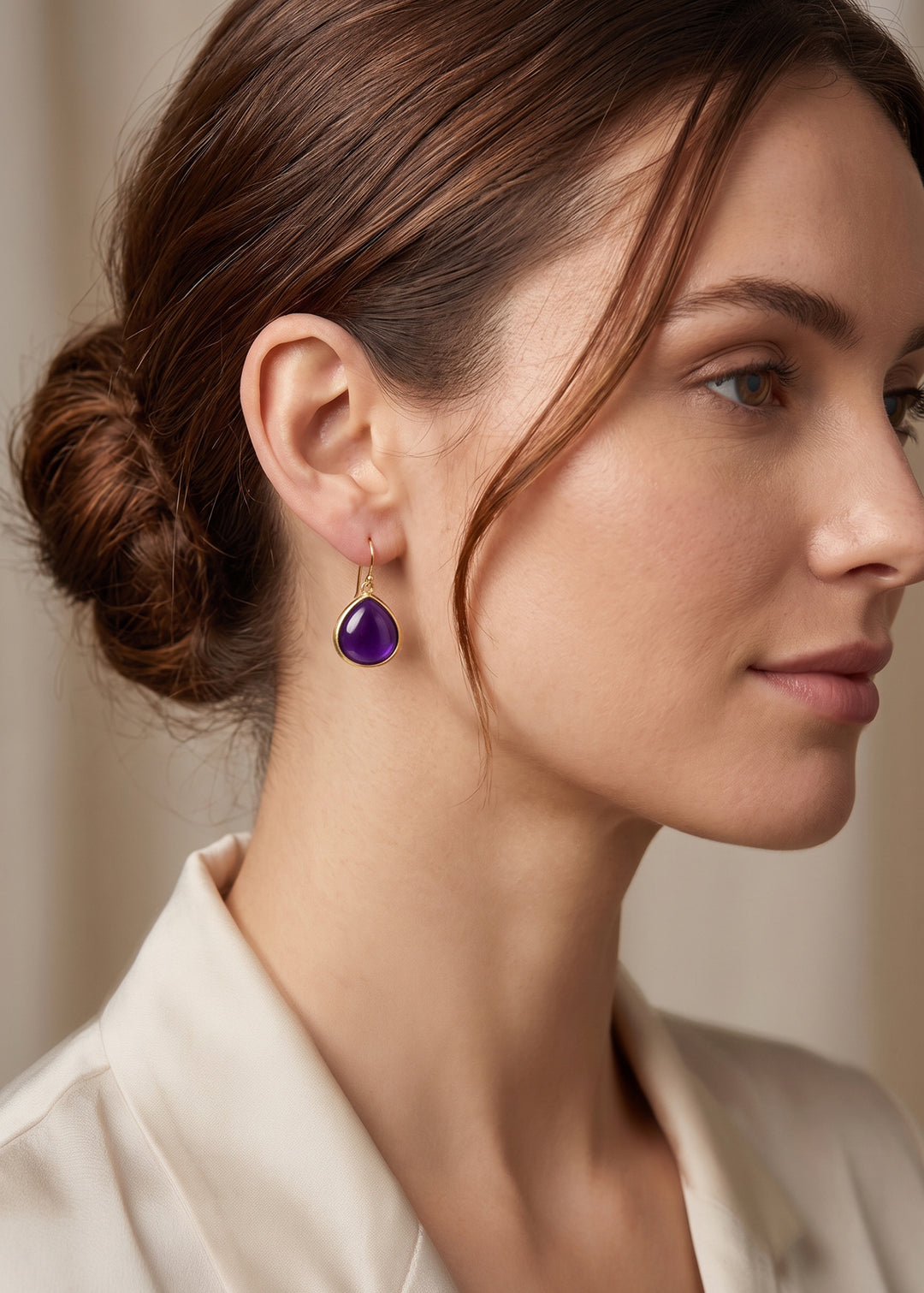 Simulated Amethyst Purple Bezeled Smooth Earrings 1.4" – 14k Solid Gold or Gold Filled