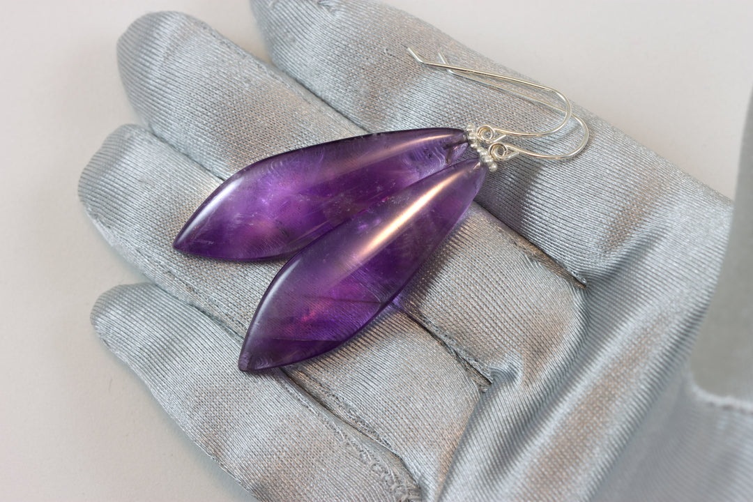 Amethyst Purple Phantom Smooth Earrings 2.2" – Sterling Silver or 14k Gold