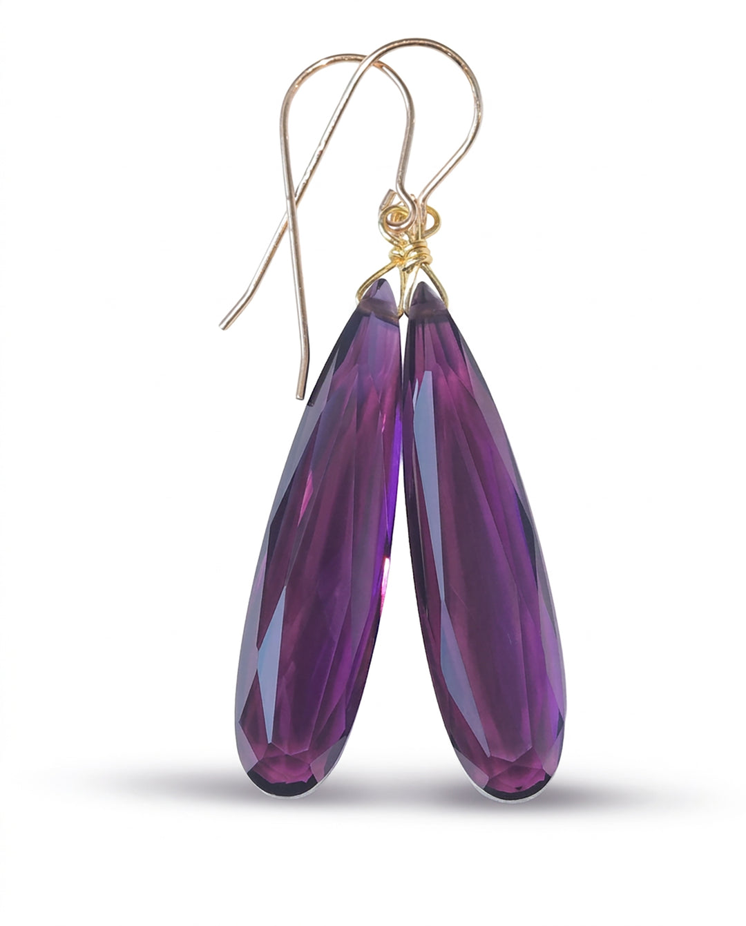 Purple Simulated Amethyst Facet Earrings 2" – Sterling Silver or 14k Gold