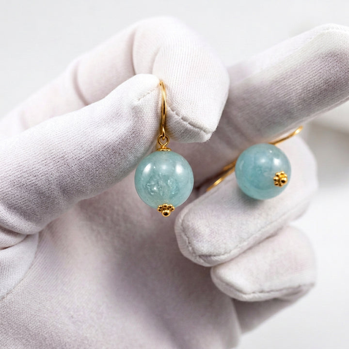 Aquamarine Earrings Blue Round Aqua Smooth – Sterling Silver or 14k Gold