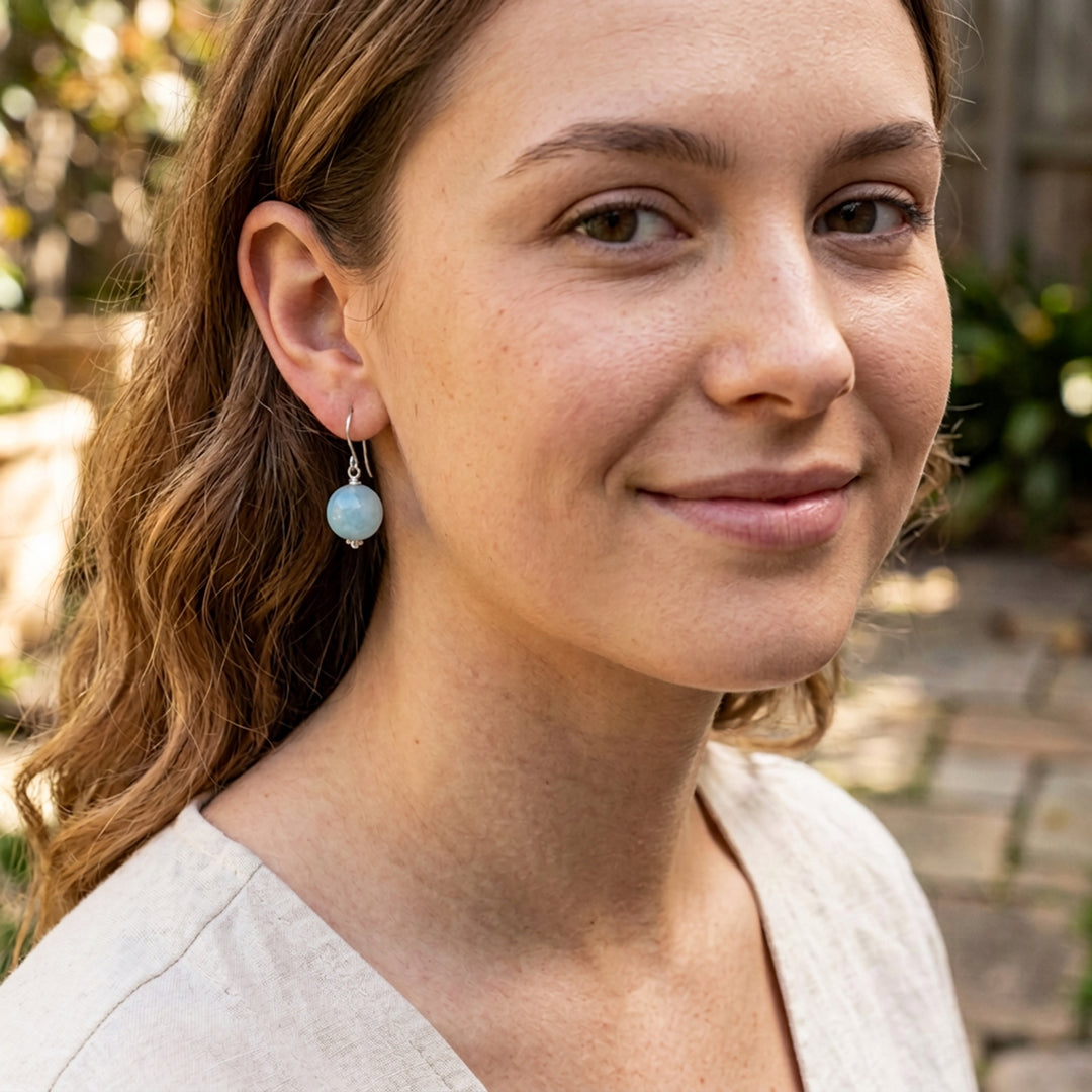 Aquamarine Earrings Blue Round Aqua Smooth – Sterling Silver or 14k Gold