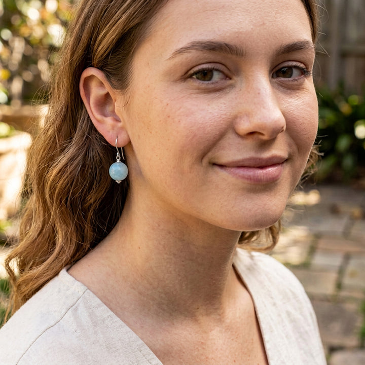 Aquamarine Earrings Blue Round Aqua Smooth – Sterling Silver or 14k Gold