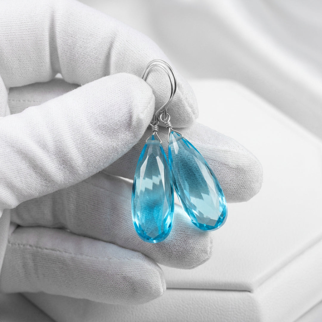Simulated Aquamarine Earrings Aqua Long Blue 1.5" – Sterling Silver or 14k Gold