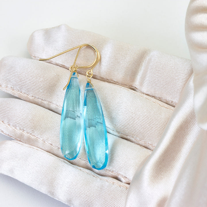 Simulated Aquamarine Earrings Aqua Blue Long Faceted Drop 9x35mm 2" – Sterling Silver or 14k Gold