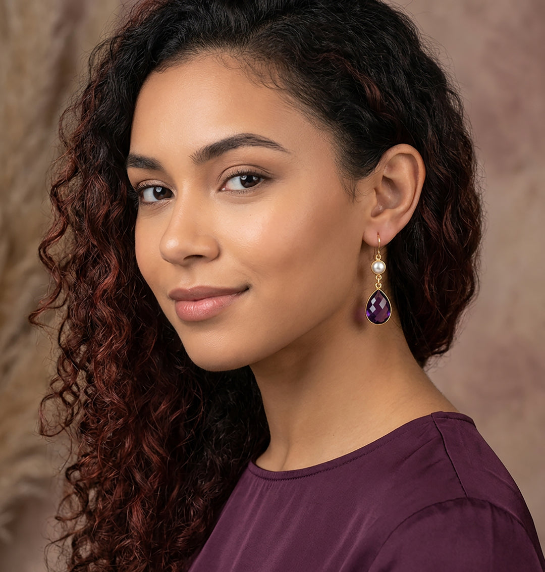 Amethyst Purple and Pearl Bezel Earrings 1.5" – 14k Solid Gold or Gold Filled