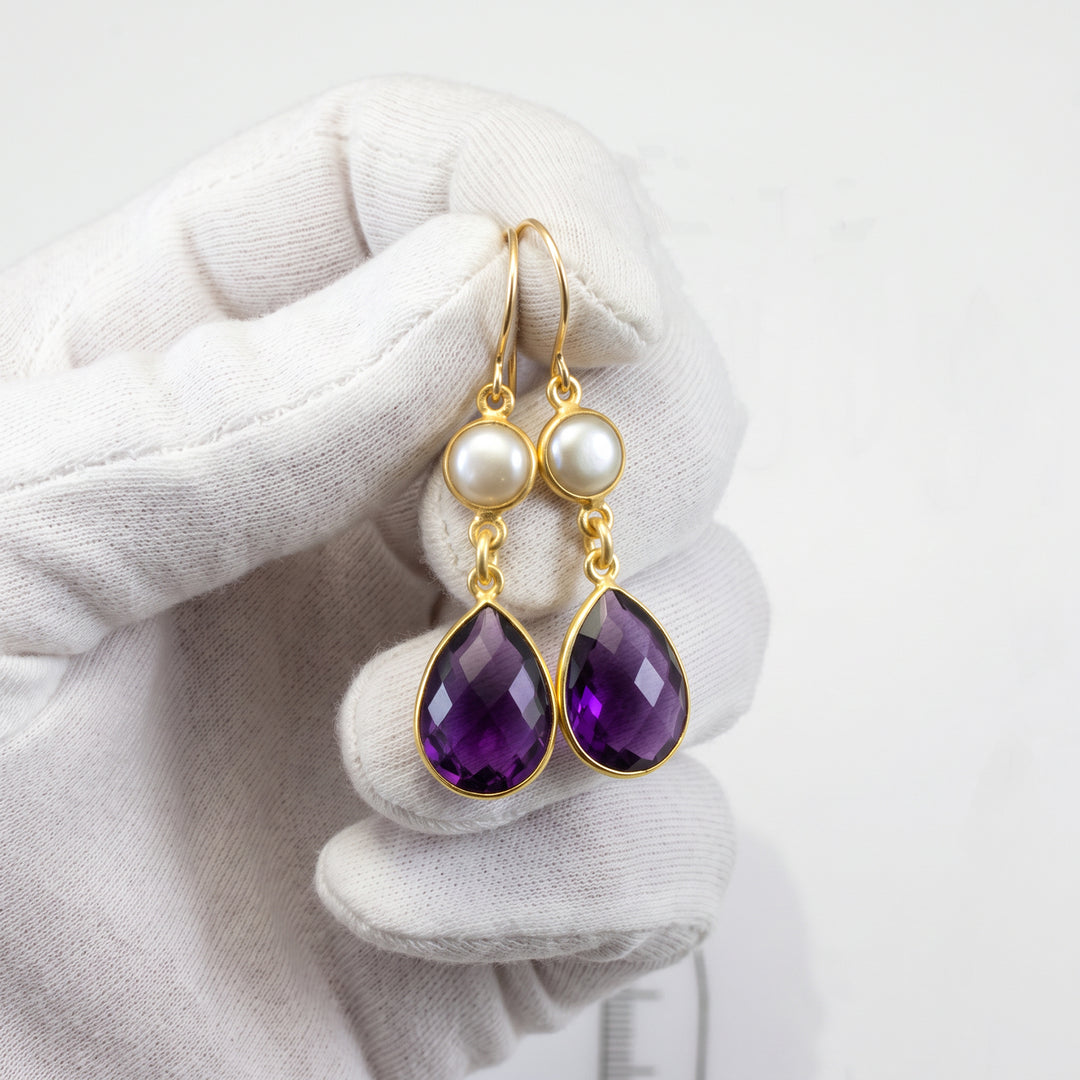 Amethyst Purple and Pearl Bezel Earrings 1.5" – 14k Solid Gold or Gold Filled
