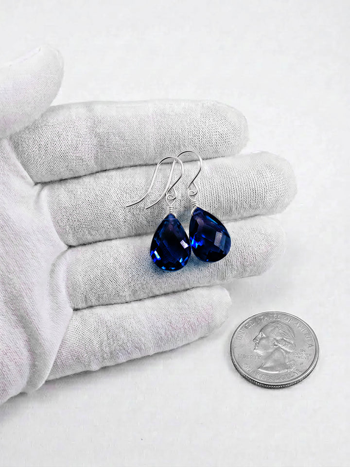 Dark Sapphire Blue Cubic Zirconia Earrings Pear Shaped Faceted Teardrop Briolette AAA CZ Sterling Silver or 14k Solid Gold or Filled Dangles