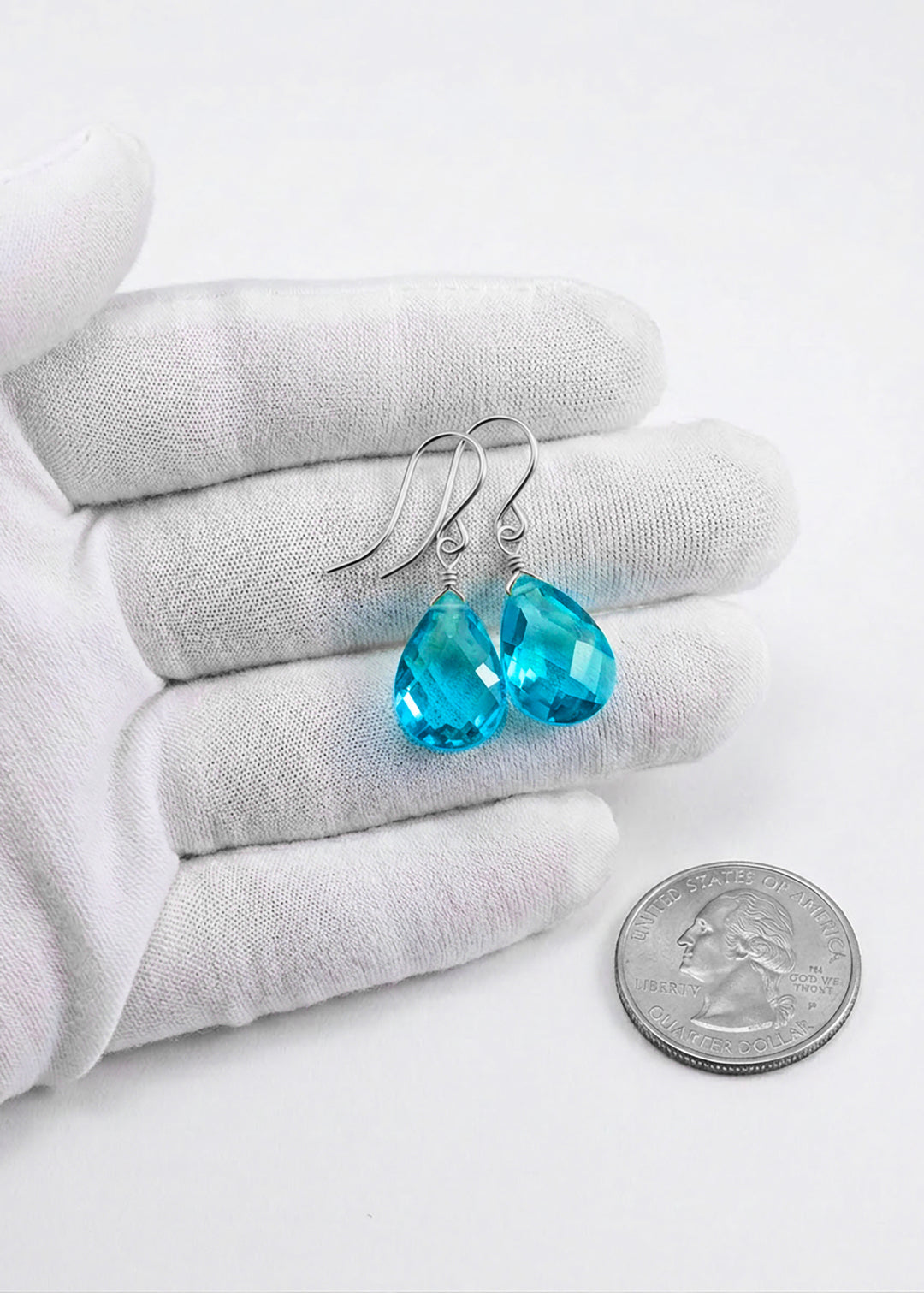 Cubic Zirconia Earrings Sterling Silver or 14k Gold Blue Faceted 1.1 Inches