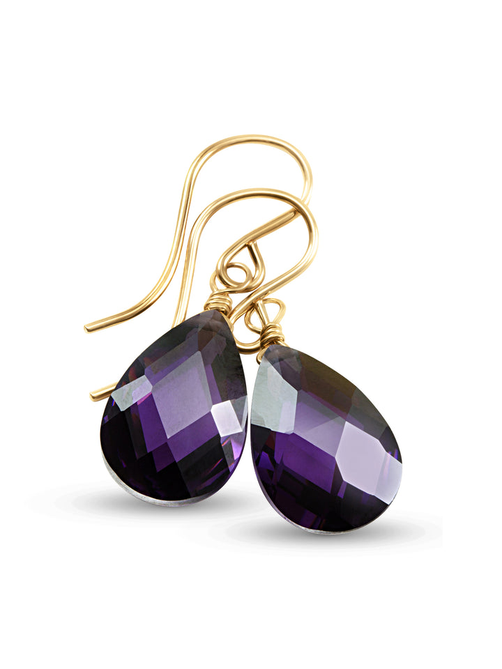 Purple Cubic Zirconia Earrings Sim Amethyst Faceted Teardrop AAA CZ Sterling Silver or 14k Solid Gold or Filled Pear Simple Dainty Drops
