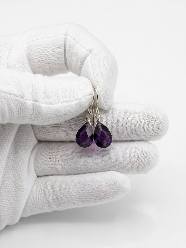 Purple Cubic Zirconia Earrings Sim Amethyst Faceted Teardrop AAA CZ Sterling Silver or 14k Solid Gold or Filled Pear Simple Dainty Drops