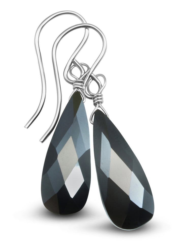 Cubic Zirconia Earrings Sterling Silver or 14k Gold Black Faceted 1.1 Inches