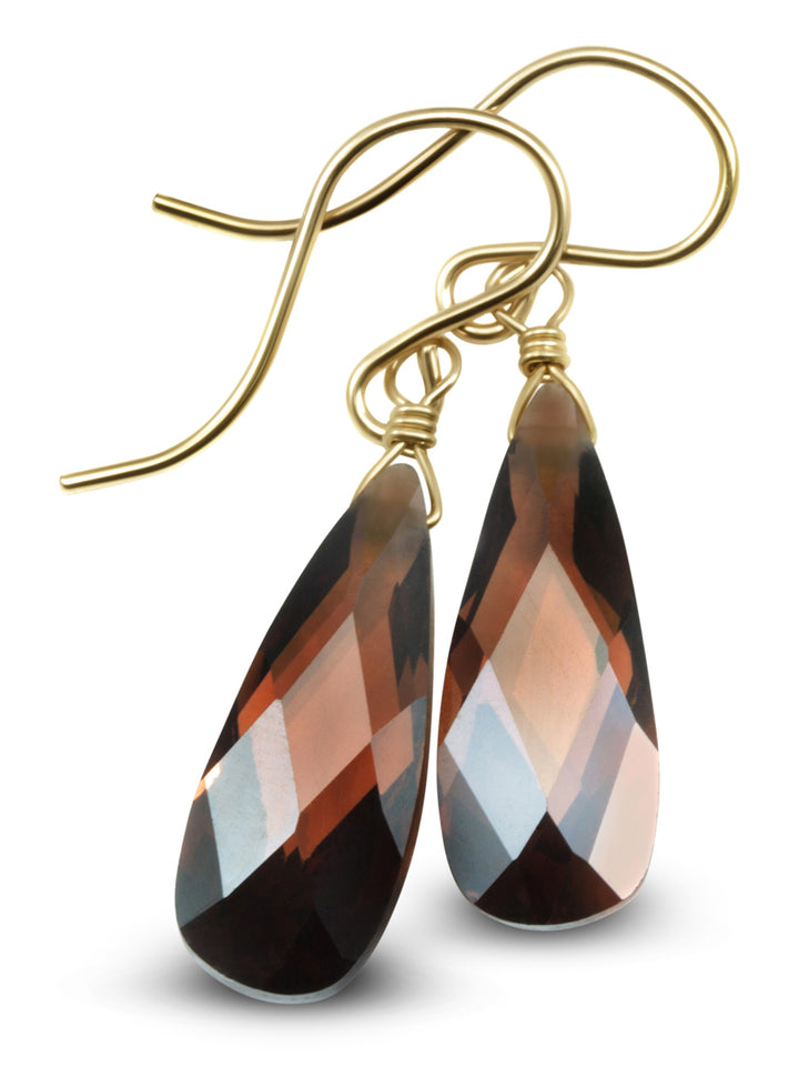 Cubic Zirconia Earrings Sterling Silver or 14k Gold Brown Faceted 1.3 Inches