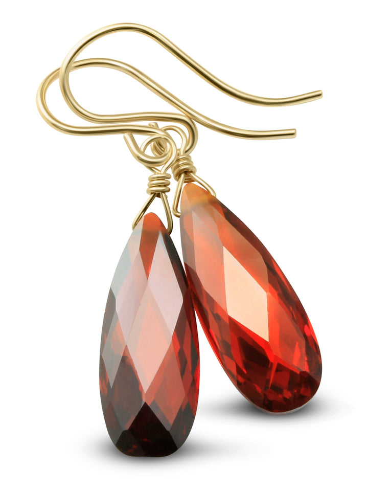 Cubic Zirconia Earrings Sterling Silver or 14k Gold Red Faceted 1.3 Inches