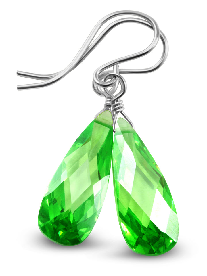 Peridot Green Cubic Zirconia Earrings Long Teardrop AAA CZ  Sterling Silver or 14k Solid Gold or Filled Faceted Cut Drops Simple Lightweight