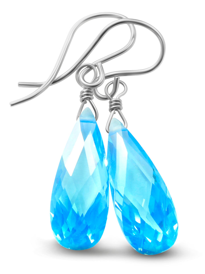 Cubic Zirconia Earrings Sterling Silver or 14k Gold Blue Faceted 1.3 Inches