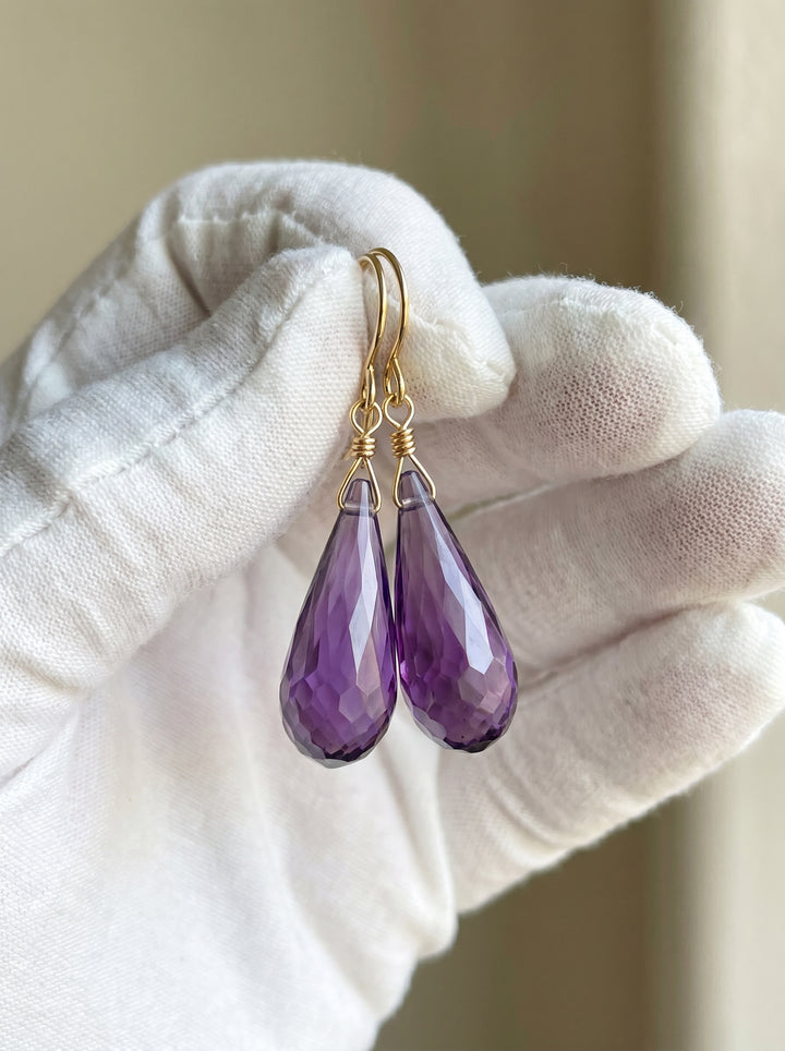 Cubic Zirconia Earrings Sterling Silver or 14k Gold Purple Faceted 1.3 Inches