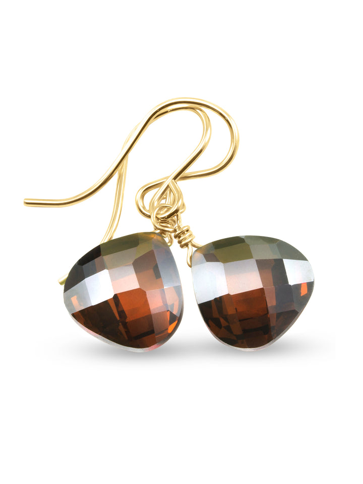 Dark Chocolate Cubic Zirconia Earrings Heart Briolettes AAA CZ  14k Solid Yellow Gold or Filled or Sterling Silver Simulated Diamond Simple