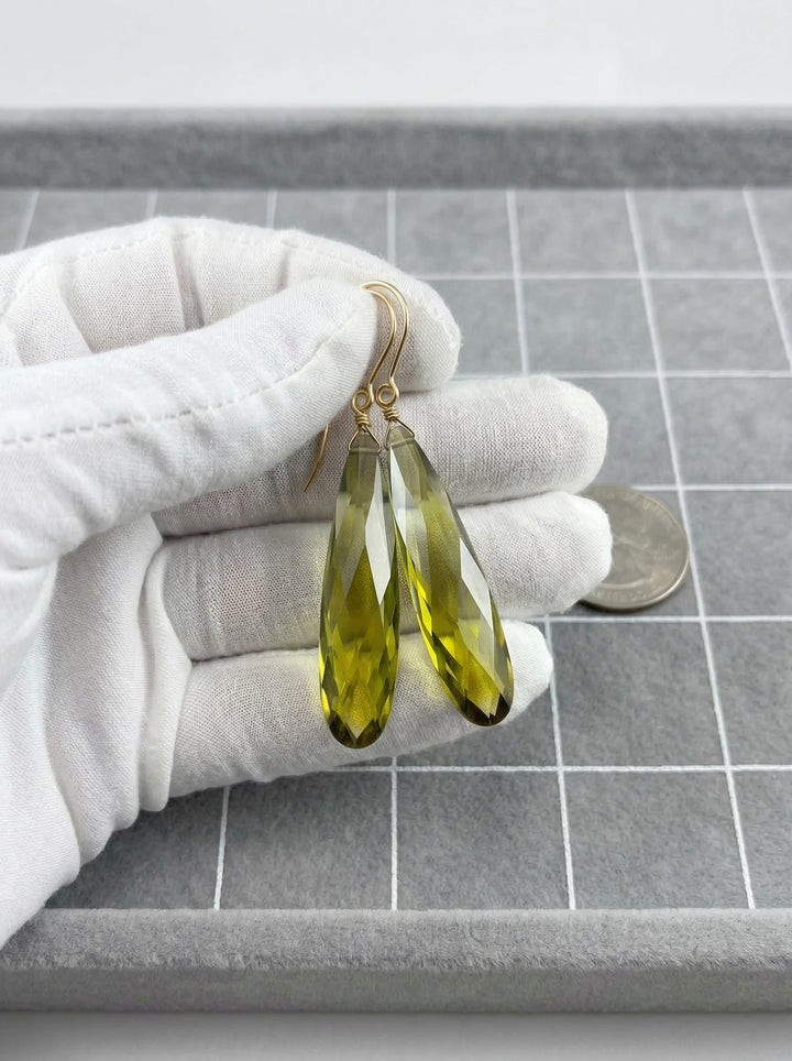 Peridot Green Cubic Zirconia Earrings Long Large Teardrops CZ 14k Solid Gold or Filled or Sterling Silver Faceted Simple 2 Inch Drops