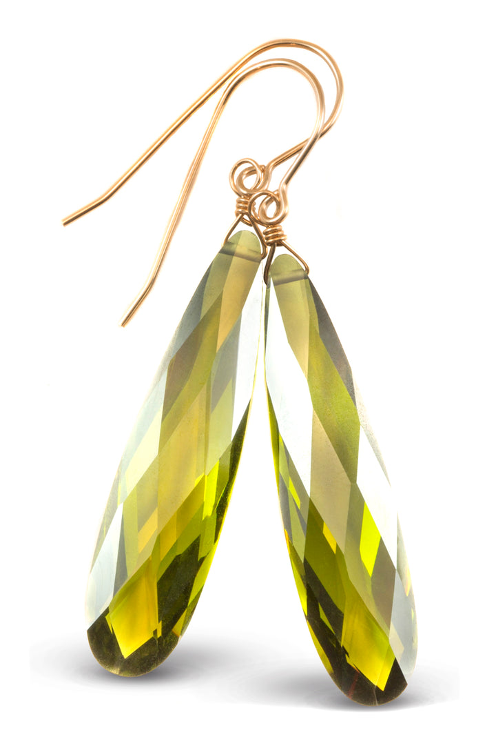 Peridot Green Cubic Zirconia Earrings Long Large Teardrops CZ 14k Solid Gold or Filled or Sterling Silver Faceted Simple 2 Inch Drops